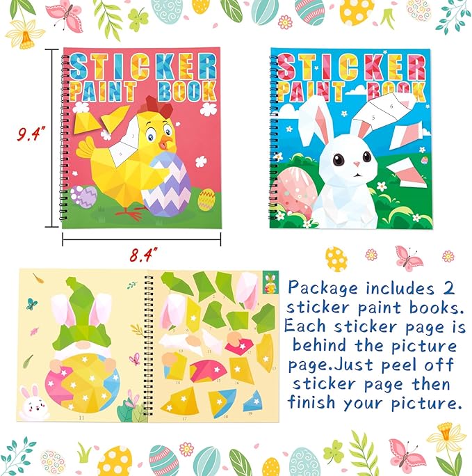 90shine 2PCS Easter Crafts for Kids Ages 4-8 Sticker Books Basket Stuffer Gift Create 22 Pictures