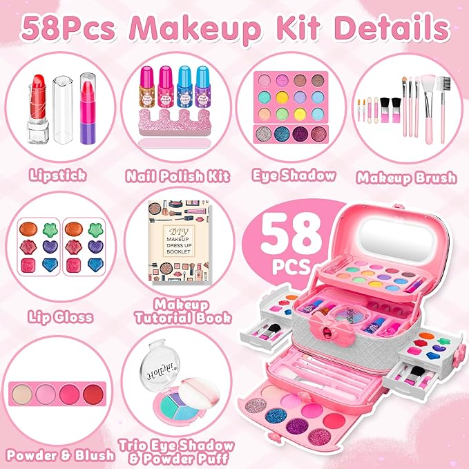 58Pcs Kids Makeup Kit for Girl - Real Washable Cosmetic Set with Light Up Mirror - Kids Makeup Sets for Girls -Play Make Up Birthday for Age 3 4 5 6 7 8 9 10 11 12 Years Old Kid -Pink