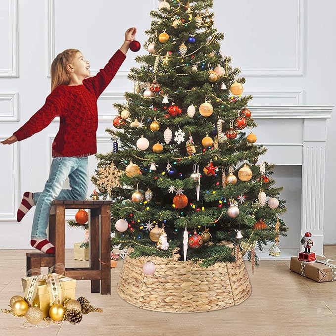 Christmas Tree Collar 24'' D Handmade Hyacinth Tree Collar Basket Rattan Wicker Christmas Woven Tree Ring Stand Base Cover for Christmas Holiday Decoration-Round Natural