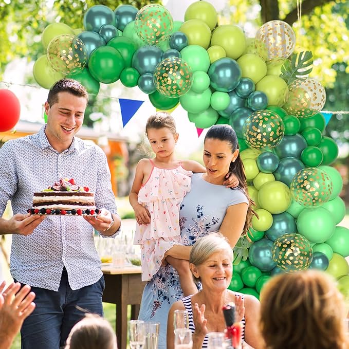 Paready Green Balloon Arch Kit, 120Pcs Dark Green Balloon Garland Kit Light Fruit Metallic Green Party Balloons Gold Confetti Balloons for Kids Jungle Theme Birthday Dinosaur Party Baby Shower