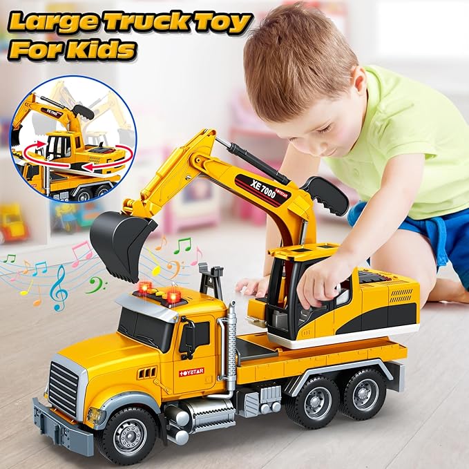 Kids Toys for 3 4 5 6 7 8 Years Old Boys, Large Excavator Truck Toy with Lights, Sounds, Toddler Friction Powered Truck Vehicle Toy for Boys Girls Christmas Birthday Gifts