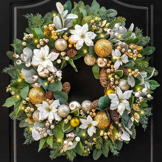 Christmas Wreaths for Front Door with Lights 24 Inch Prelit Christmas Wreath, Christmas Door Wreath with White Flowers, Gold Ornaments, Pine Cones, Greenery & Berries Indoor Outdoor