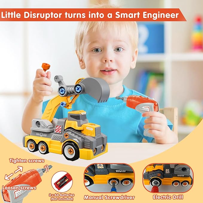 11inches Large Take Apart Construction Toys Excavator Truck for Boys Girls Kids 3-5 6-8 Electric Drill Set Assembly Building Toys