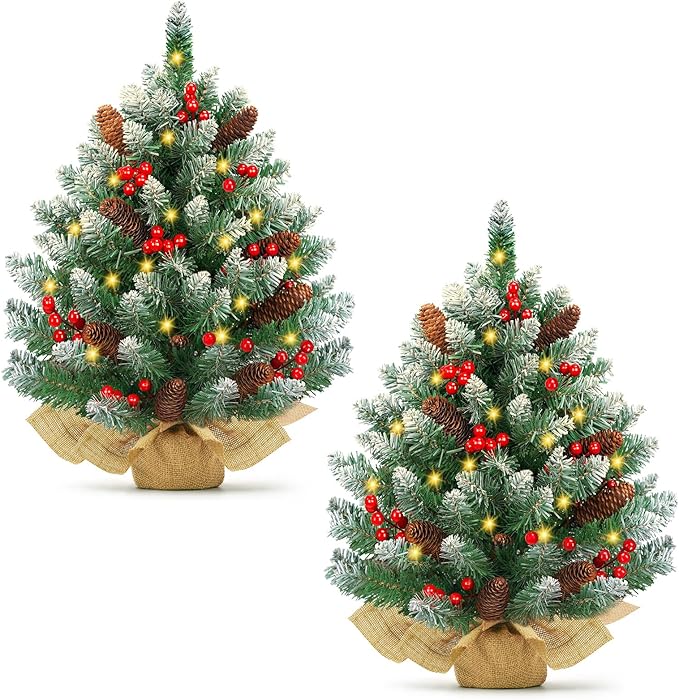 [2 Pack & Timer] 24 Inch Realistic Snowy Tabletop Christmas Tree Small Christmas Tree with 50 Warm Lights Battery Operated Red Berries Pine Cone Burlap Base Indoor Home Table Christmas Decorations