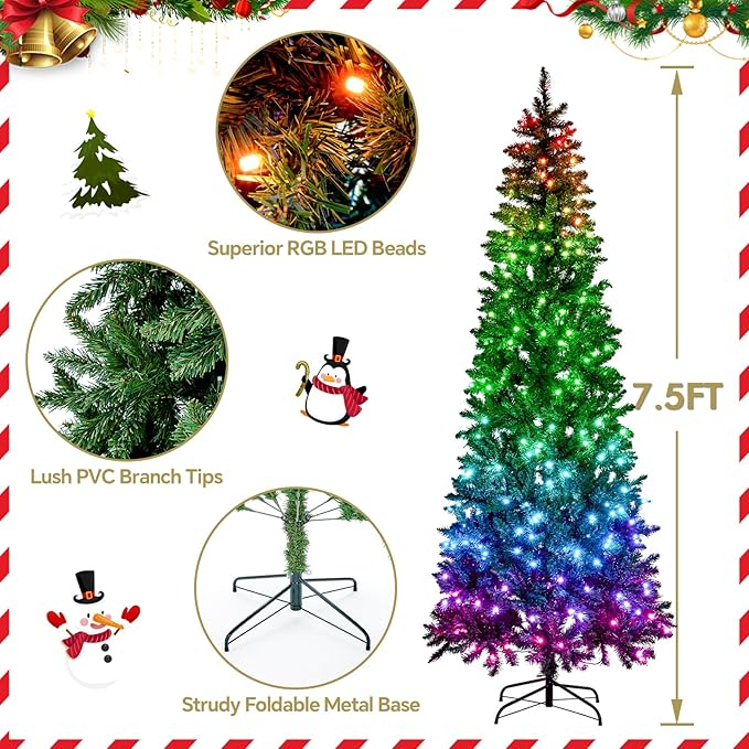 7.5FT Prelit Christmas Tree with 350 LED Lights, App Controlled Artificial Christmas Tree with Multi-Color RGB Lights & Music Sync, Slim Pencil Christmas Tree for Home Christmas Decorations