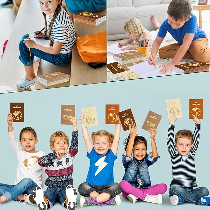 Lincia 48 Pcs Blank Passport Notebook Fake Passport Book Travel Journal Book Bulk Coloring Kids Travel Airplane Activity Classroom Decor School Projects(Warm Color)
