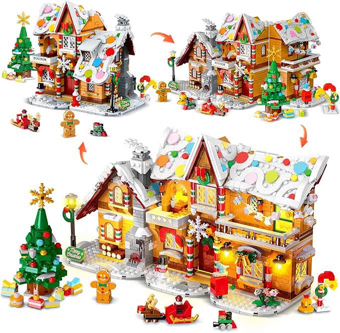 2025 Christmas 3 Style Gingerbread House Building Set with Light - 1477PCS Christmas Village Castle Building Block Toy with Santa Claus Xmas Tree Train for Adult Kids Girl Boy 6+