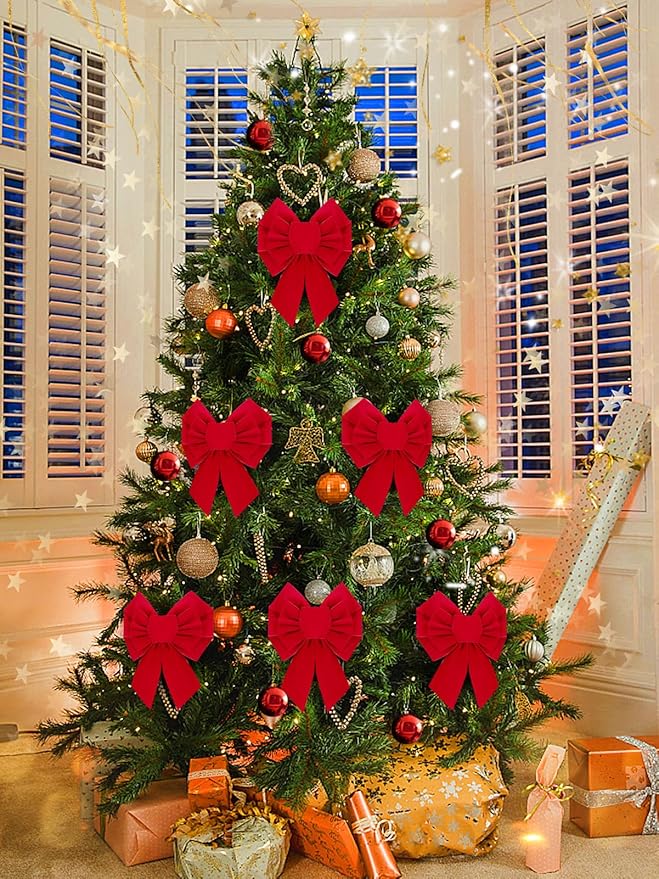 MEWTOGO 6 Pcs Small Red Bows Christmas Tree Decor - 10.2"×7.9" Velvet Red Bows with Golden Tie, Easy Hanging for Window/Stairs/Porch/Gifts Warp/Party Supplies