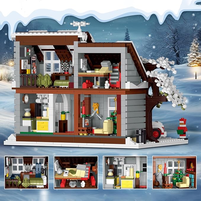 Christmas House Building Set with Lights, Elf Movie Snow House Building Blocks Toy, Compatible with Lego Christmas Village House Kit, for Boys Girls 1378pcs