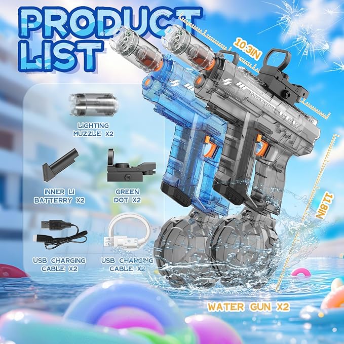 Electric Water Gun 2 Pack for Adults and Kids, Light Up Automatic Squirt Gun Watergun, 800CC Large Capacity, 26-33 FT Long Range, Summer Outdoor Beach Pool Party Toy Gift