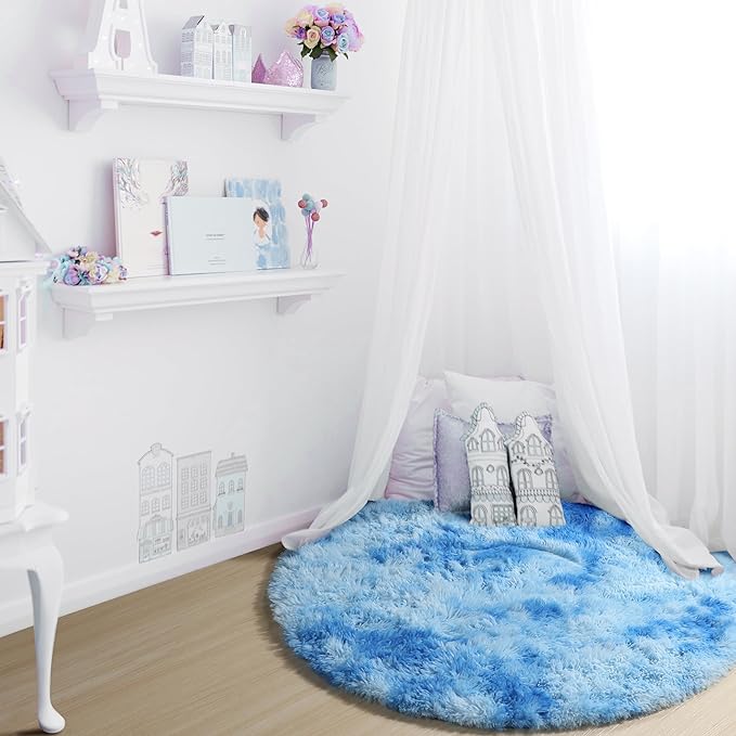 ONASAR Tie-Dye Blue Round Area Rug 4x4, Soft Bedroom Circle Rugs Floor Mats for Kids Girls Teen Room, Kawaii Fluffy Plush Shaggy Carpet for Baby Nursery Living Room Playroom Home Decor