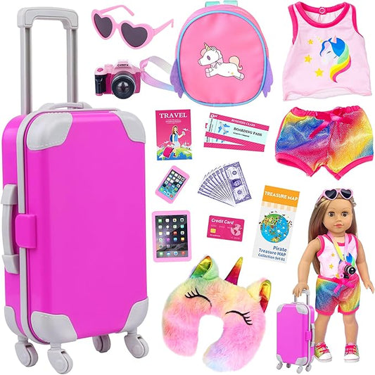 ZITA ELEMENT 24 Pcs 18 Inch American Doll Accessories Clothes and Suitcase Set Including 18 Inch Doll Clothes Suitcase Backpack and Other Travel Set