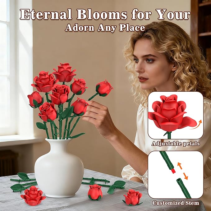 Red Roses Flower Bouquet Building Sets, 670Pcs Artificial Flowers Building Blocks Compatible with Lego Flowers for Adults Christmas Birthday Gifts for Women Mom Valentines Day Gifts