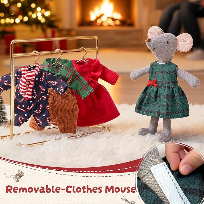 Giant bean® Mouse Toys for Kids, Christmas Mouse, 4 PCS Hand Made Mouse Family Dolls with Removable Clothes, Suitable for Infants, Boys and Girls, Dollhouse People