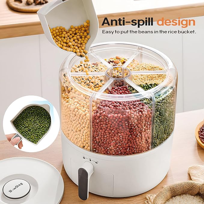 16lb Grain Dispenser 6 Grid Grain Container, 360° Rotating Dry Food Dispenser, Airtight Storage, Upgrade 6 Compartment Rotating Grain Dispenser Storage Container