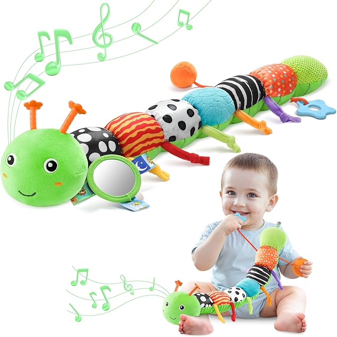 Baby Toys 0-6-12 Months,Musical Caterpillar Stuffed Animals Activity Infant Toys with Crinkle,Rattles,Mirror&Pull String,Muti-Sensory Toys Gifts for Newborn Tummy Time,Green,Knot prolegs