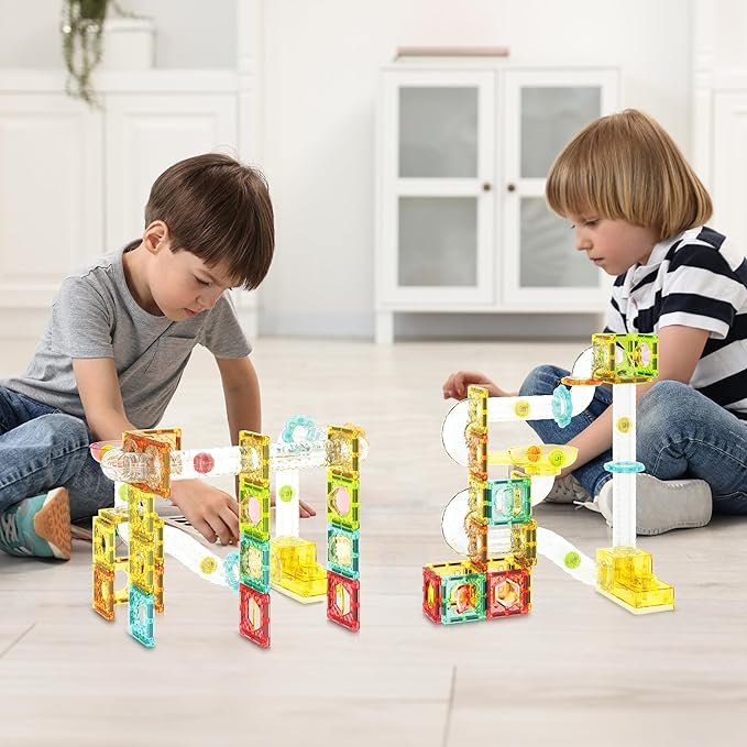 PicassoTiles 100pc Magnetic Marble Run Travel Size Tile Blocks Construction Kids Toy Set On The Go Mini Magnet Tiles Marbles Playset for Race Track Building Block STEM Learning Kit Boy Girl 3+ PTMG100