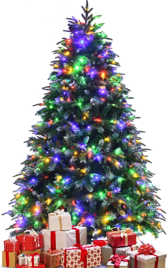 GOFLAME 6ft Pre-Lit Artificial Christmas Tree, Realistic Xmas Tree w/ 899 Branch Tips, 350 Multi-Color LED Lights, 35 Pinecones & Red Berries, Pine Tree w/ 11 Flash Modes for Holiday Decoration, Green