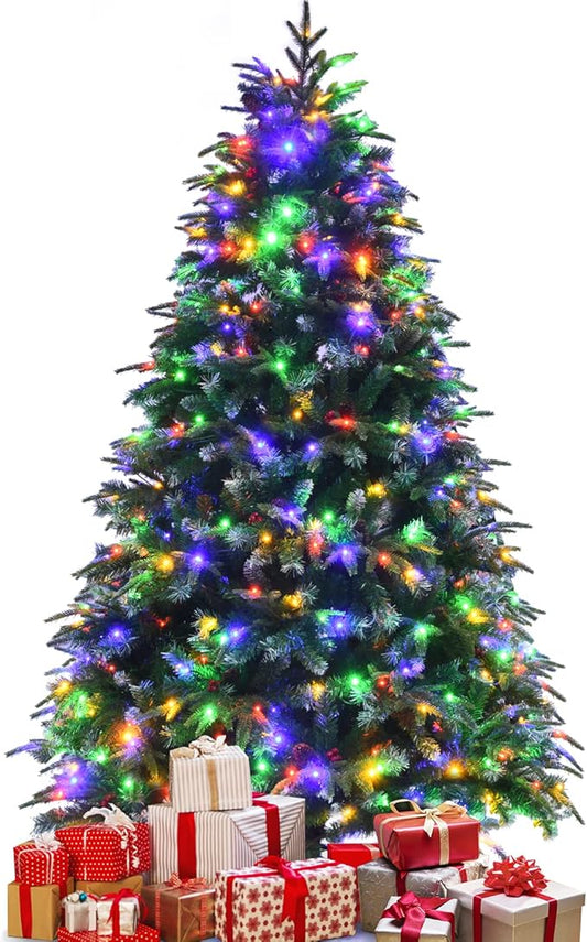 GOFLAME 6ft Pre-Lit Artificial Christmas Tree, Realistic Xmas Tree w/ 899 Branch Tips, 350 Multi-Color LED Lights, 35 Pinecones & Red Berries, Pine Tree w/ 11 Flash Modes for Holiday Decoration, Green
