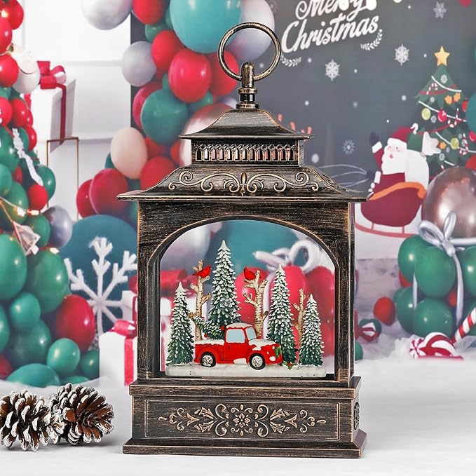 Musical Christmas Snow Globe Lantern with 6H Timer, Lighted Christmas Decorations Battery Operated Snow Globe for Home Tabletop, Red Truck & Cardinals