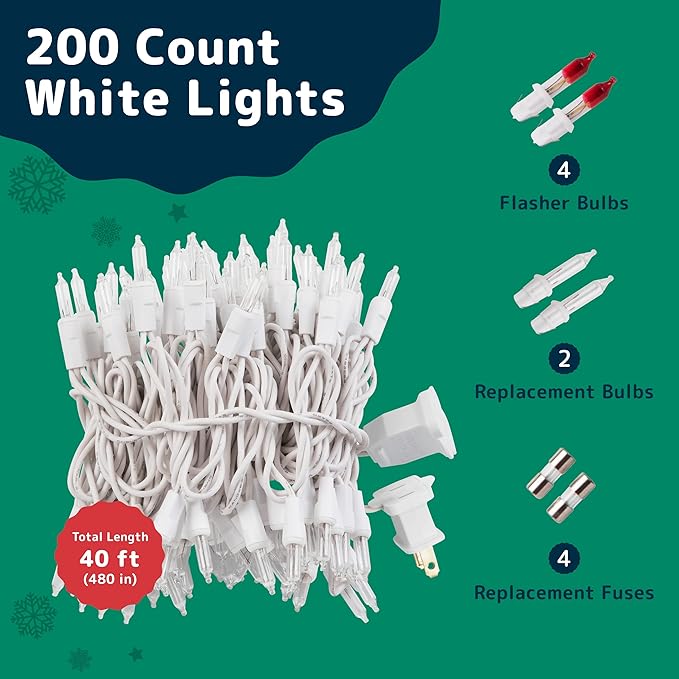 PREXTEX 200 Count Clear Christmas Lights - 40 ft Warm White Xmas Lights String Bulbs with White Wire for Indoor and Outdoor Holiday Decor, Trees and More