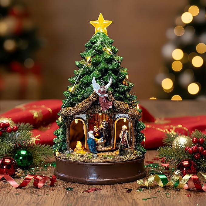 Musical Christmas Tree Rotating Nativity Scene with Star LED Light, Christmas Holy Family Angel Figurines for Xmas Decor Gift, Tabletop Decorative Christmas Trees Ornaments