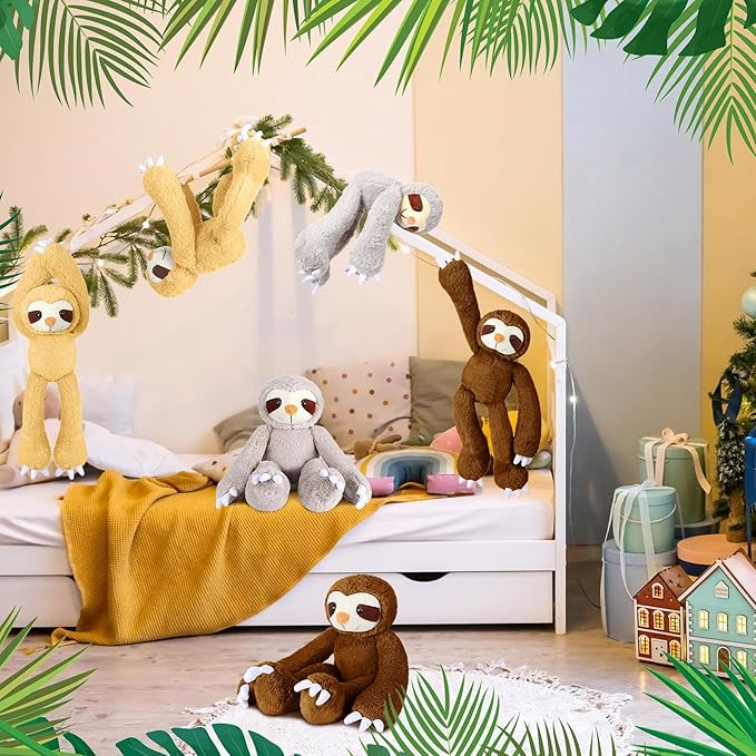8 Pcs Hanging Sloth Stuffed Animal 18 Inch Three Toed Sloth Plush Toy with Hook and Loop Hands Hanging Sloth Toy for Boy Girl (Grey, Dark Brown, Light Brown)