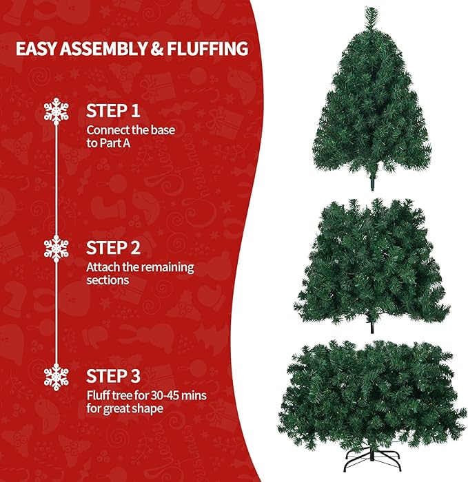 6ft Prelit Christmas Tree, Artificial Xmax Tree with 250 Lights and 1000 Branch Tips, Prelighted Xmas Tree for Home Party Holiday Decoration