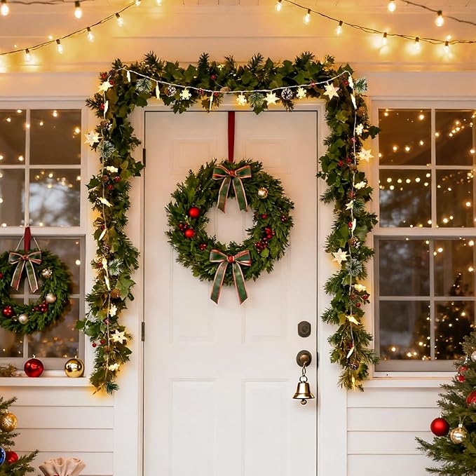 Christmas Garland with 20 Snowflake Light 6.8FT Christmas Lights 1pcs Battery Operated Snowflake Light with Bells for Fireplace Bedroom Garden Party Home Indoor Outdoor Xmas Tree Decorations