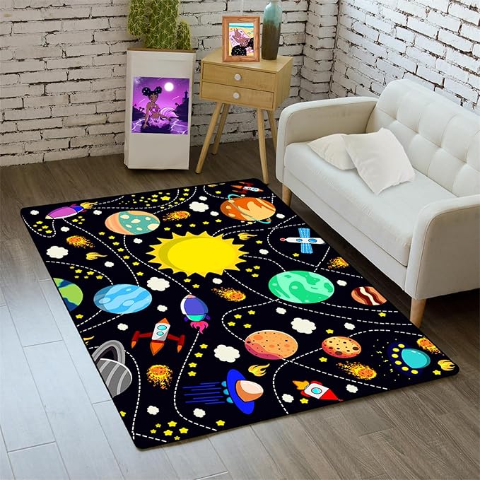Outer Space Area Rug - 2x3 ft Solar System Galaxy Planets Rug for Boys Bedroom Universe Theme Carpets for Kids Living Room Bedroom Indoor Outdoor Crystal Polyester Floor Mats Kids Play Carpet