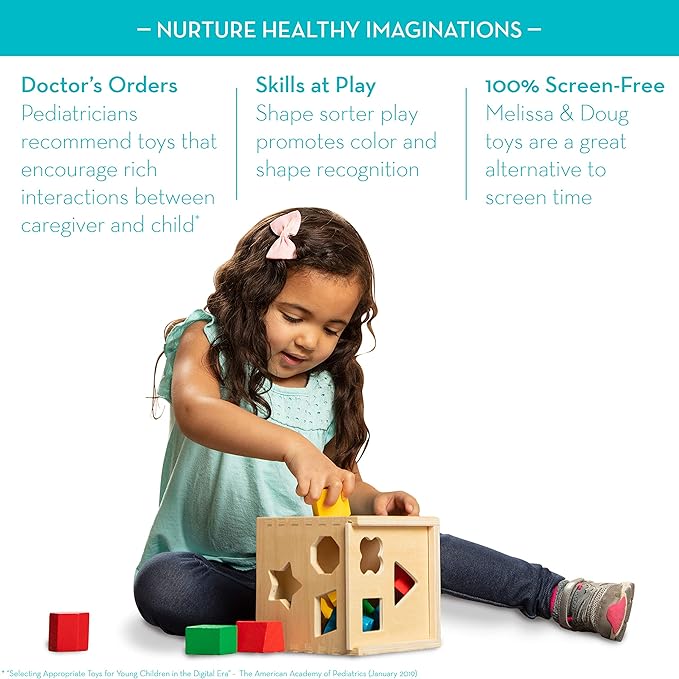 Melissa & Doug Geometric Stacker - Wooden Educational Toy & Shape Sorting Cube - Classic Wooden Toy with 12 Shapes