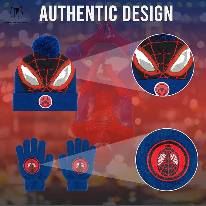 Marvel Spider-Man Kid’s Winter Hat and Snow Gloves for Boys and Toddlers, 2 Pc. Set, Pom-Pom Beanie with Warm Mittens