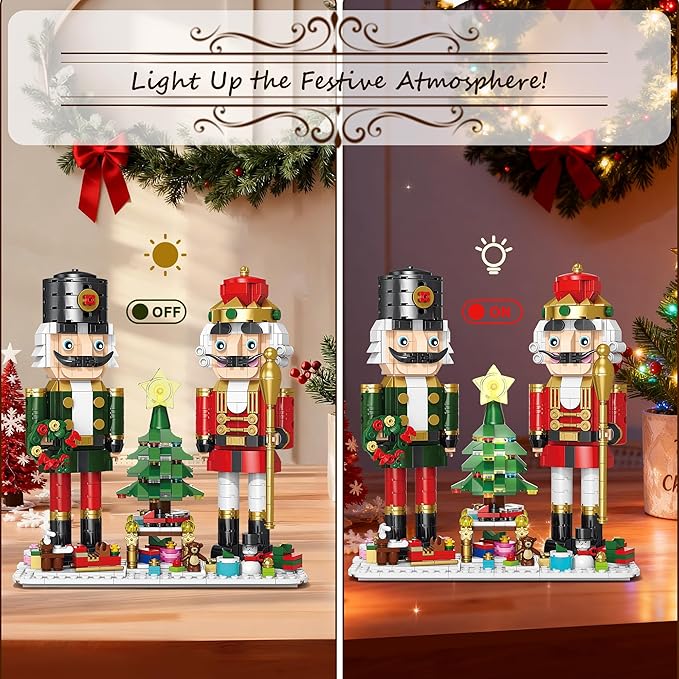 Christmas Nutcracker Building Set with Light - 2 Soldiers, Light-Up Christmas Tree, Wreath, Snowman, Sleigh & Train - Compatible with Lego, Xmas Gifts for Kids Adults (797PCS)