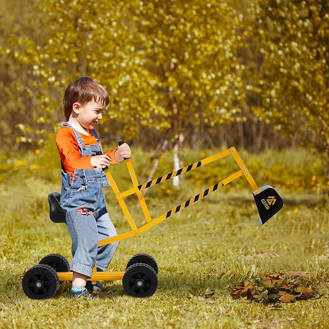 Sand Digger Excavator Toys for Kids Outdoor Sandbox Digger Crane with 360 Degree Rotatable Seat Excavator Ride On Toy Beach Toys Great for Sand Dirt and Snow Steel Outdoor Play Toys, Yellow