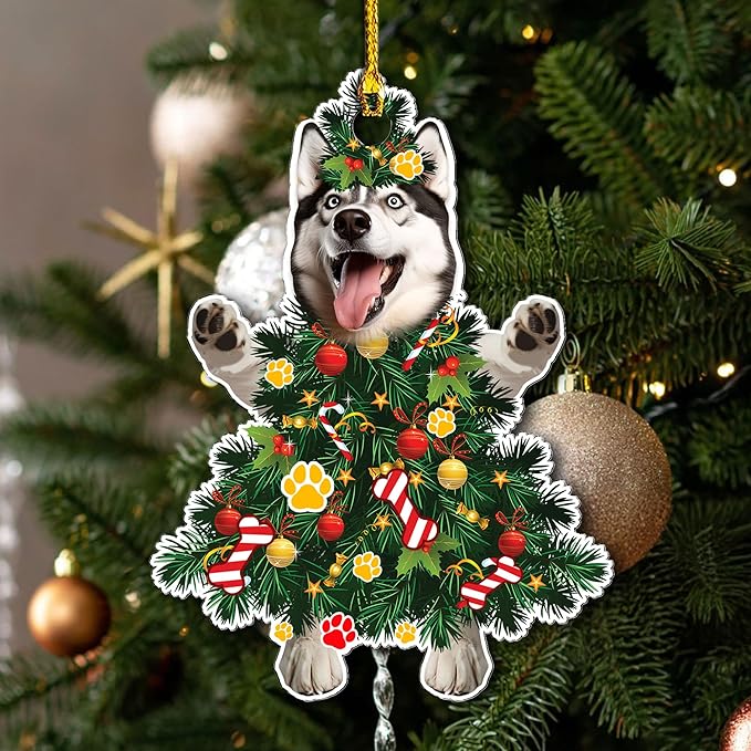 2025 Husky Dog Christmas Ornament - Adorable Dog Dressed as a Christmas Tree - Fun and Festive Acrylic Decoration (Husky Xmas Tree)