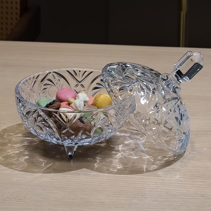 27oz Large Glass Candy Dish with Lid, Crystal Candy Bowl, Embossed Decorative Storage Jar for Office Desk, Jewelry Box, Biscuit, Christmas, Wedding, Birthday Gift