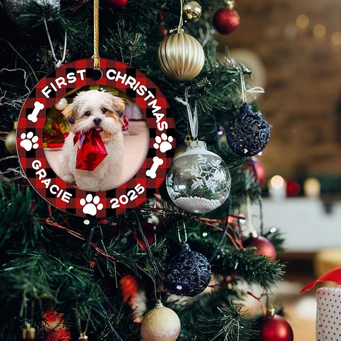 Personalized Dog Christmas Ornaments, Custom Photo & Name 2025 Puppy First, Christmas Holiday Pet Gifts, Dog Lovers, Pet Lovers Gifts for Christmas Tree Decoration