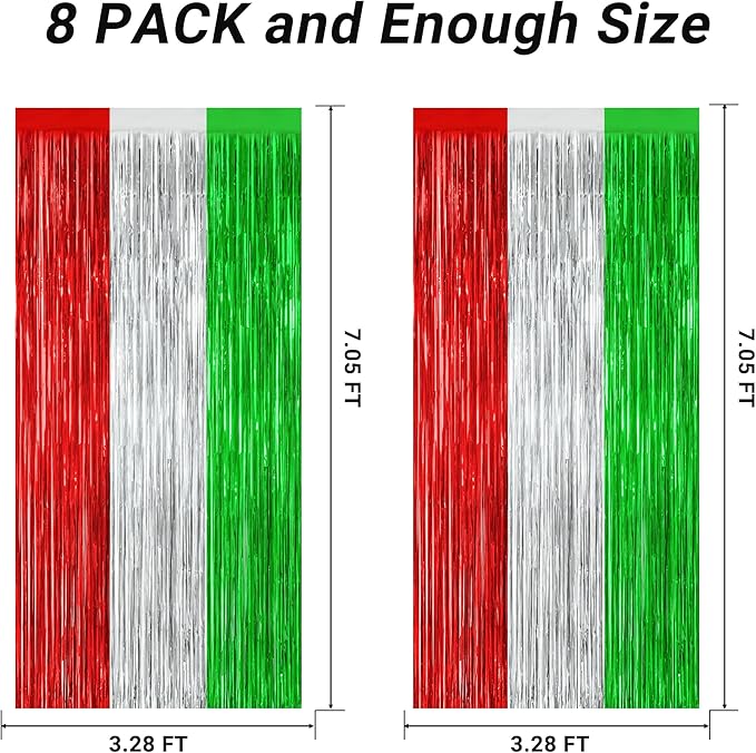 8 Pack Christmas Photo Backdrop, 3.28 FT x 7.05 FT Red Silver Green Party Streamer, Metallic Foil Fringe Curtains Tinsel Backdrop, Christmas Photo Booth Props Door Decor Party Supplies