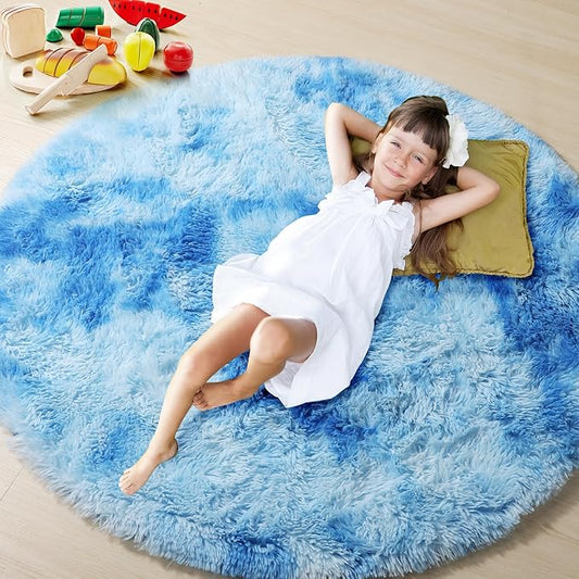 ONASAR Tie-Dye Blue Round Area Rug 4x4, Soft Bedroom Circle Rugs Floor Mats for Kids Girls Teen Room, Kawaii Fluffy Plush Shaggy Carpet for Baby Nursery Living Room Playroom Home Decor