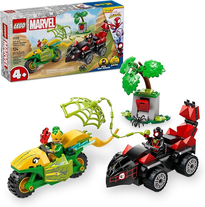 LEGO Marvel Spidey and His Amazing Friends Spin and Electro Dinosaur Vehicle Chase - Car and Motorcycle Preschool Building Toy for Kids, Boys and Girls, Ages 4+ - Gift Idea for Birthdays - 11198