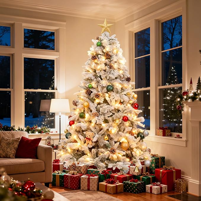 6ft Pre-lit Christmas Tree with Double-Sided Five-Fork PE & PVC Needles, Dense Realistic Pine Design, Easy Assembly Holiday Decoration Tree