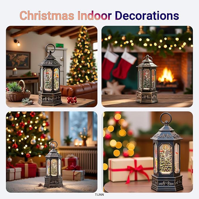 12 "Christmas Snow Globe Lantern, Glitter hex Music Box, USB and Battery-Powered Decorations (Cardinals in The Deep Woods)