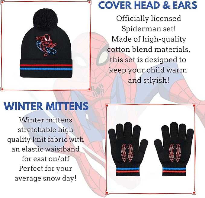 Marvel Spider-Man Kid’s Winter Hat and Snow Gloves for Boys and Toddlers, 2 Pc. Set, Pom-Pom Beanie with Warm Mittens
