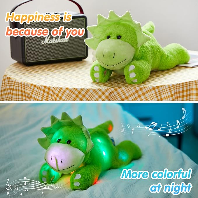 Glow Guards 15'' Light up Music Green Dinosaur Stuffed Animal Singing LED Triceratops Soft Plush Toy Pillow with Night Lights Birthday Children's Day Gifts for Toddler Kids