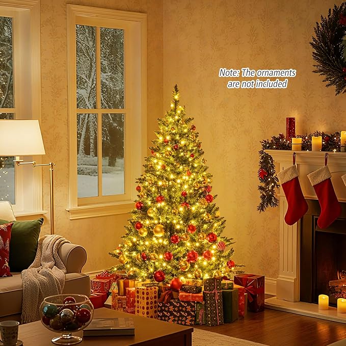 Goplus 5 FT Pre-Lit Artificial Christmas Tree, Hinged Xmas Tree with 510 Branch Tips, 400 Warm White LED Lights, 7 Lighting Modes & Folding Metal Stand, Seasonal Decoration Tree for Home Party Holiday