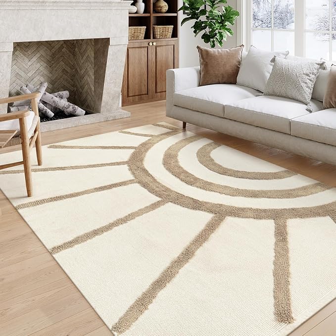 OJIA Boho Area Rug 5'x8', Washable Tufted Living Room Rugs Soft Bedroom Rug Nursery Rug, Farmhouse Cotton Woven Tan Floor Carpet Rugs for Dorm/Kids Room/Nursery/Classroom/Office