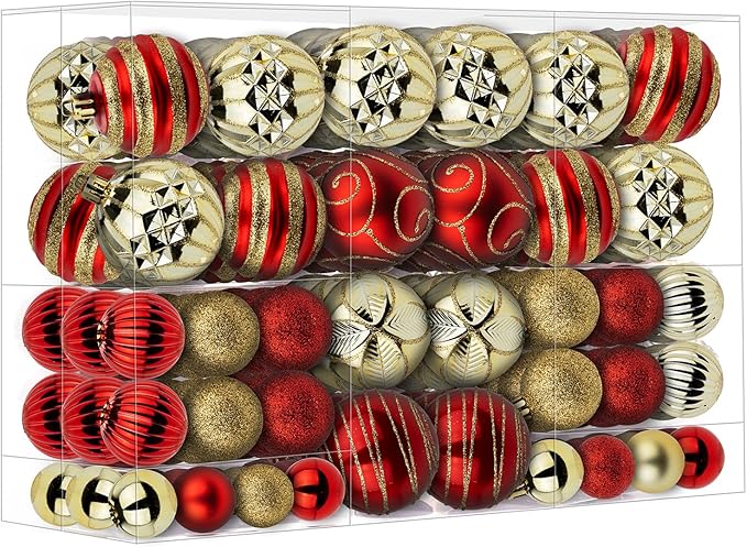 100Pcs Christmas Ball Ornaments Set, Shatterproof Plastic Red and Gold Christmas Ornaments for Xmas Tree, Assorted Baubles Hanging Decorations for Holiday/Party/Wedding