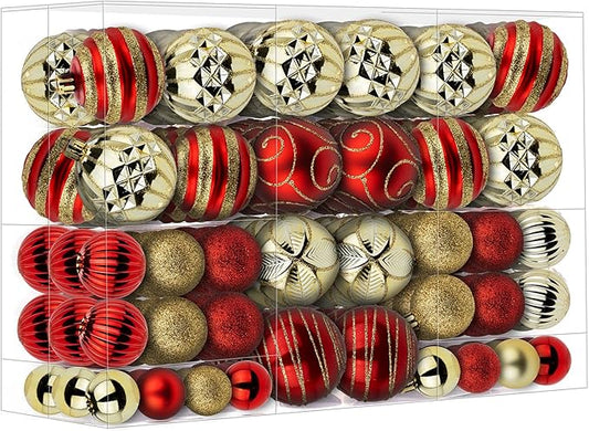 100Pcs Christmas Ball Ornaments Set, Shatterproof Plastic Red and Gold Christmas Ornaments for Xmas Tree, Assorted Baubles Hanging Decorations for Holiday/Party/Wedding