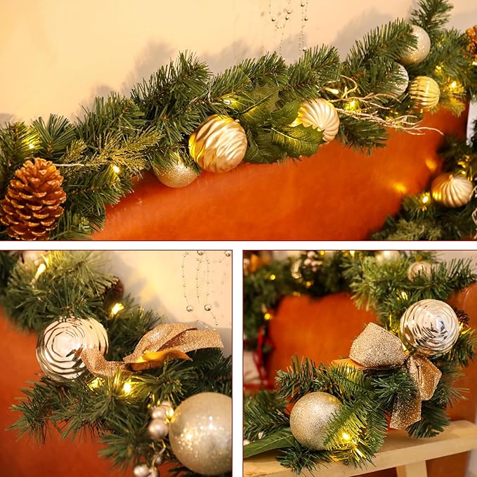 Christmas Garland Lighted Indoor Outdoor Decorations Artificial Christmas Garlands with Light Mantel Pine Cone for Door Porch Holiday Party Outdoor Indoor Xmas Decor 6FT Gold A