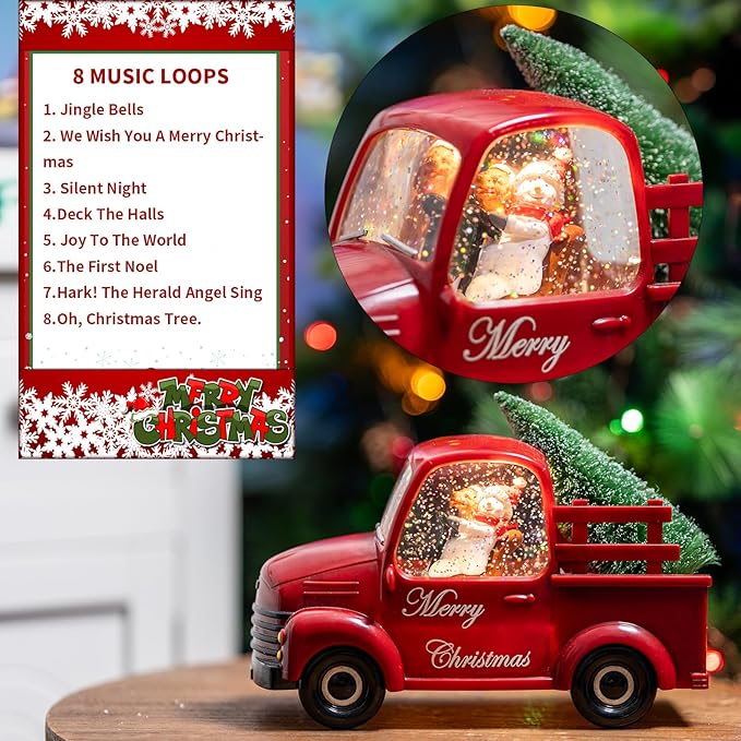Snowman Christmas Snow Globes Red Truck Carrying Christmas Tree Water Lantern, 8 Christmas Music, Holiday Decorations Gifts for Family, Children or Friends